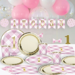 Pink Gingham & Metallic SUPERSAVER Party Pack for 8